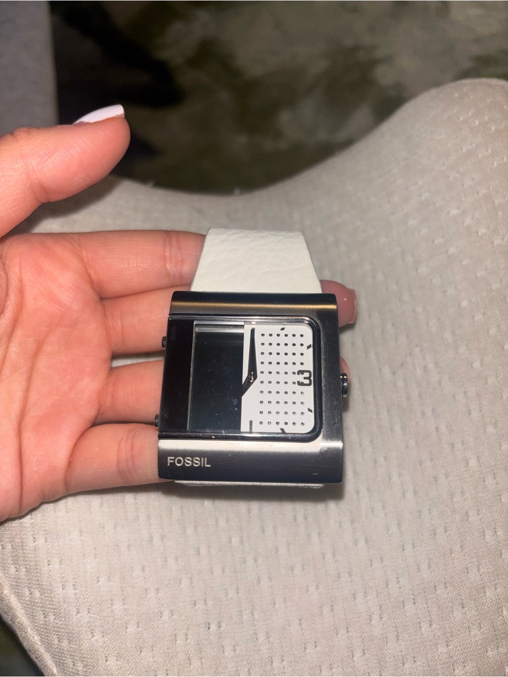 Fossil Black and White Square Dial Leather-Strap Watch